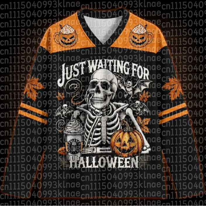 Just Waiting for Halloween V Neck Long Sleeve T-Shirt Skeleton Pumpkin Graphic Family Matching Outfits Autumn Maple Leaves Tops
