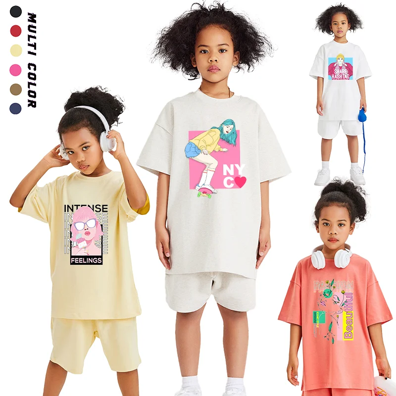 Fashion Girls Summer Clothes Kids Tees Pure Cotton Cartoon Letters Girl Print T-shirt Sets Designer Children Shorts Casual Wear