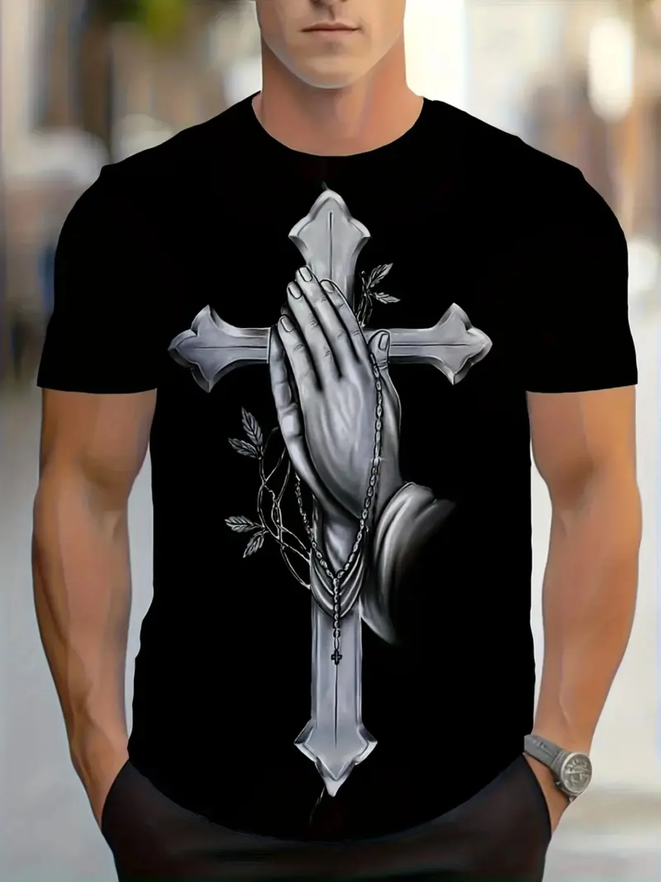 Men's and Women's T-Shirts with Praying Hands and Geometric Cross Print - Black and White Religious Design, Regular Fit Round Neck Short Sleeve Casual Shirt, Suitable for Casual Wear, Gardening, Halloween, Christmas, Thanksgiving, Birthday Gifts - All Seasons