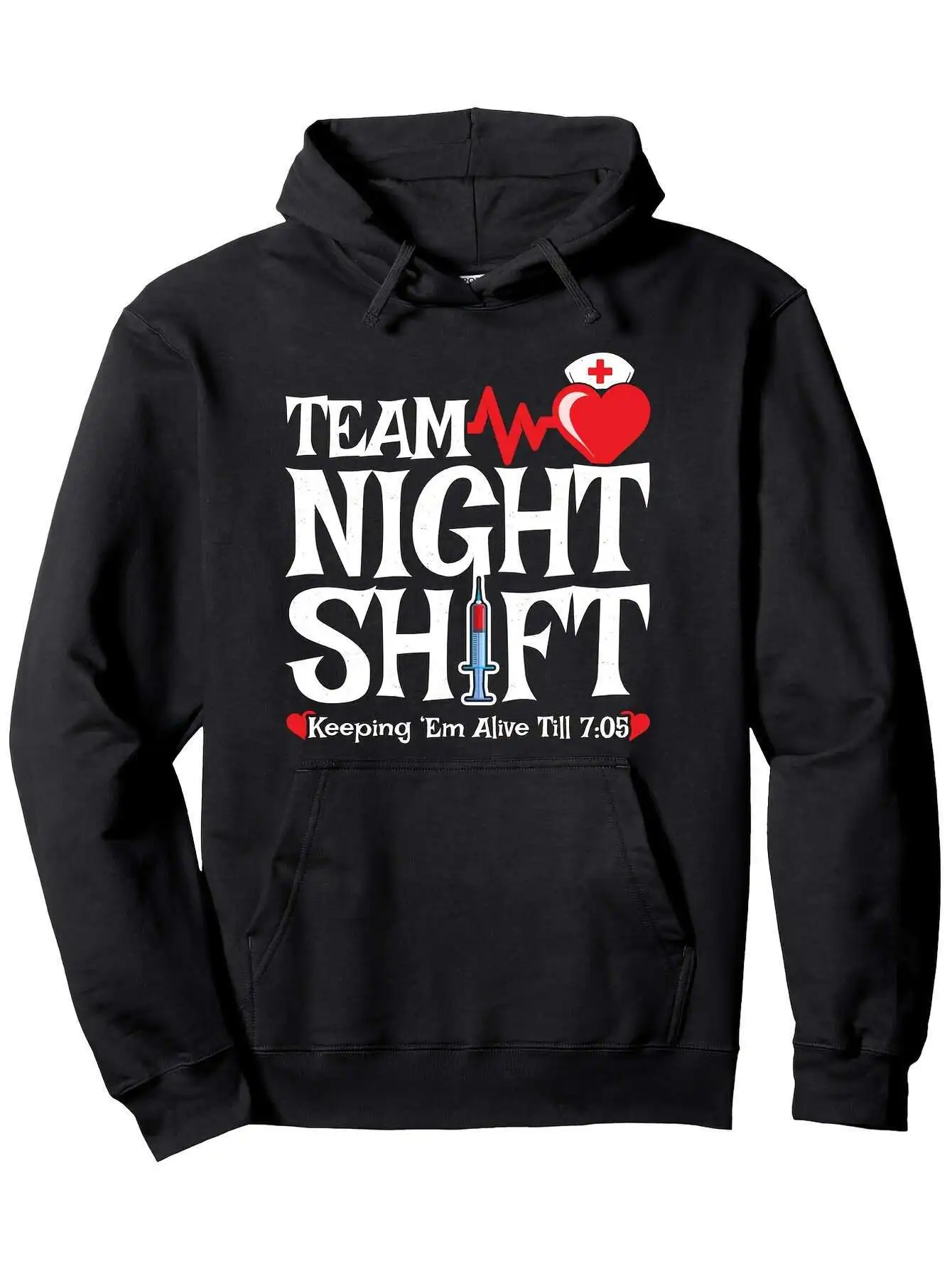 

Толстовка Team Night Shift с шапкой медсестры и шприцами — 50% хлопок, 50% полиэстер, удобный нож