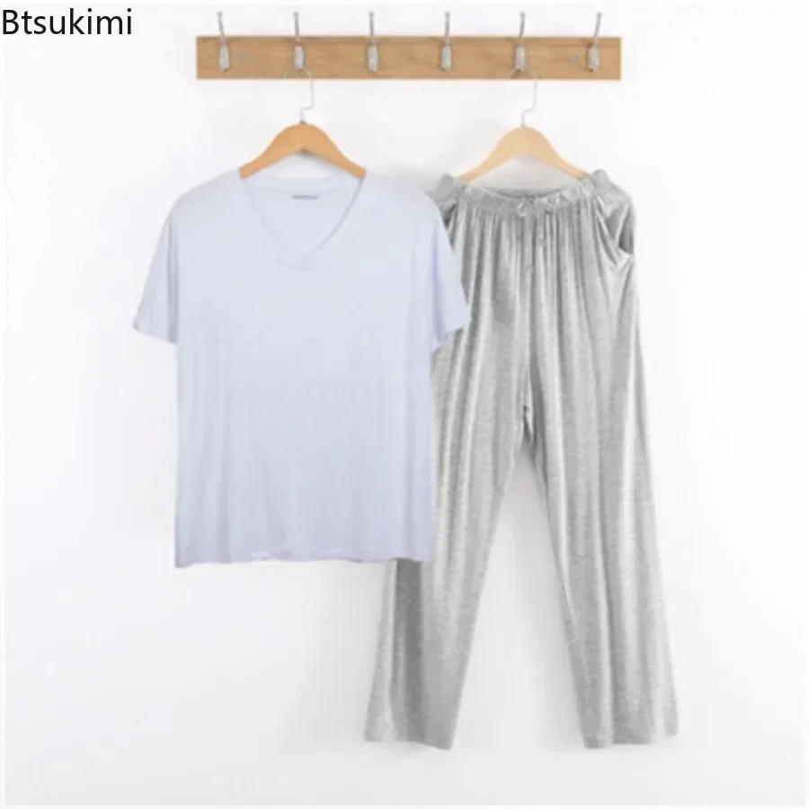 New 2024 Men\'s Casual Pajamas Sets Oversized Modal Short Sleeve and Pants Sets Male Sleepwear Soft Loose Home Clothes for Men