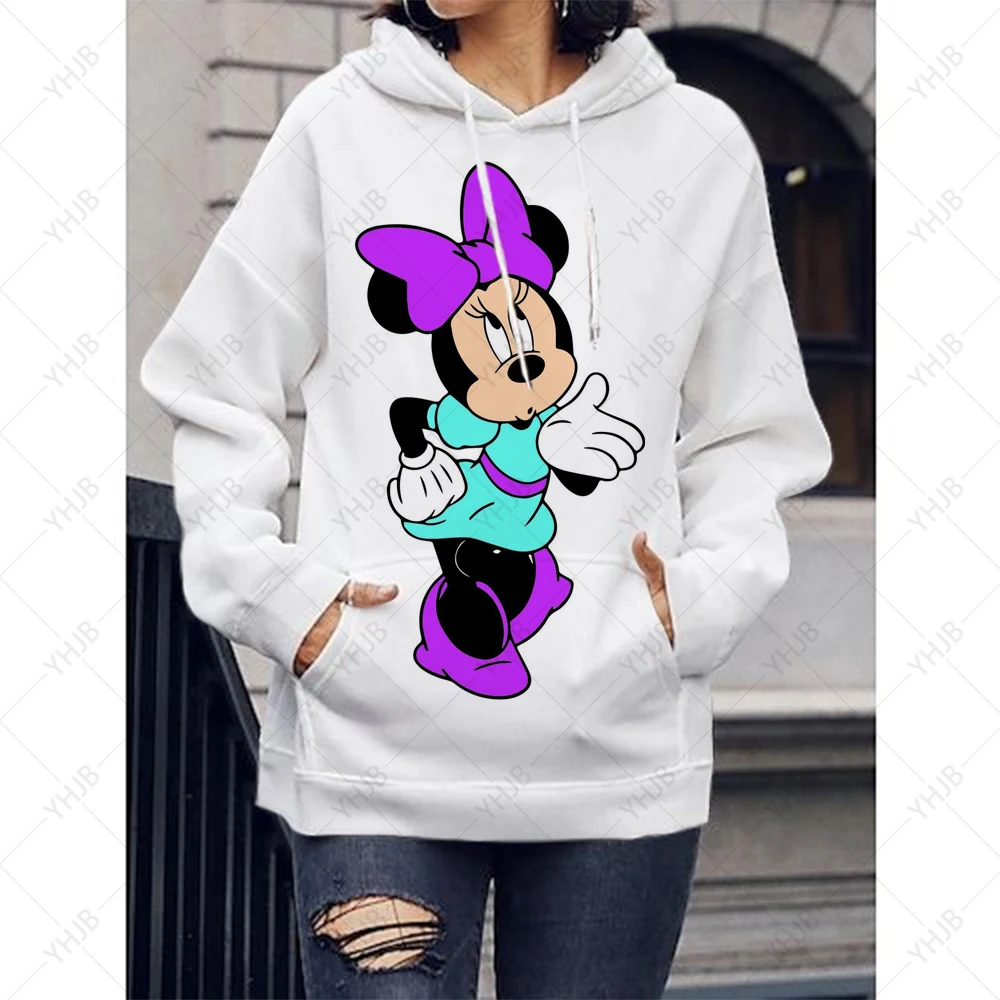 2024 Women\'s Fashion Casual Hoodie Fall New Disney Mickey and Minnie Print Crew Neck Long Sleeve Ladies Pullover