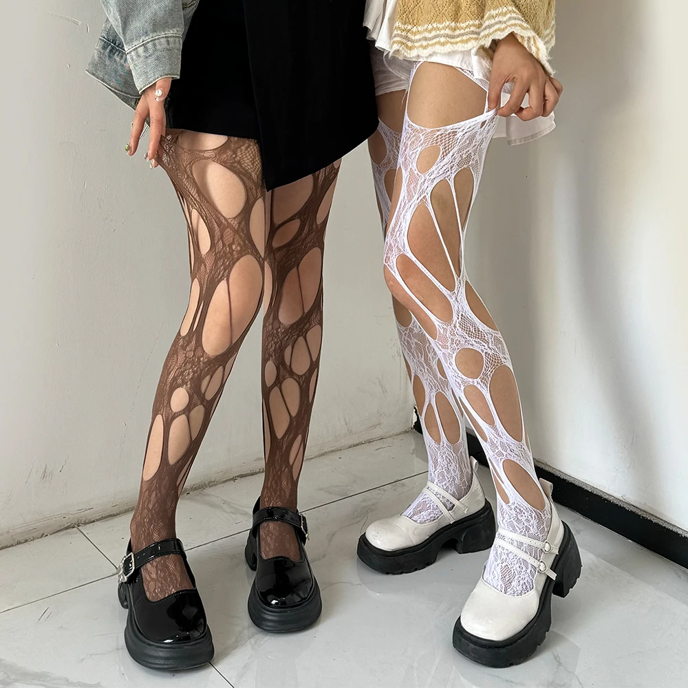 Sexy Punk Women Broken Hole Stocking Ropa Interor Para Mujeres Fishing Net Socks Gothic Y2k Lace Torn Party Underwear Pantyhose image 6