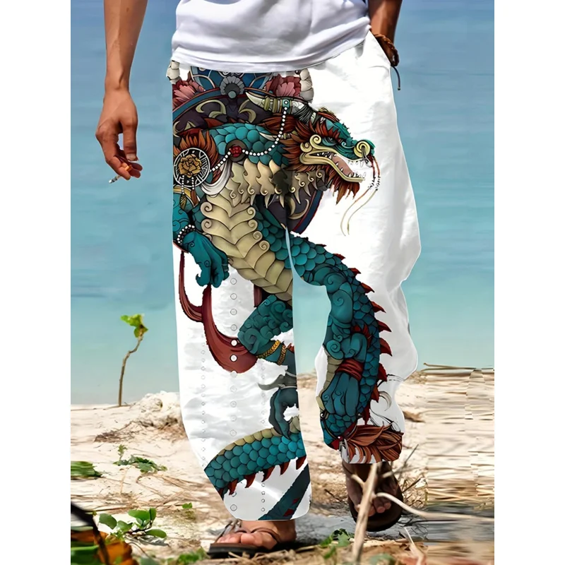 กางเกงขายาวผู้ชายแฟชั่นใหม่สำหรับฤดูร้อน กางเกงชายหาดพักผ่อนสบายๆ ทรงตรงหลวม ระบายอากาศได้ดี ยืดหยุ่นได้ ขากว้าง