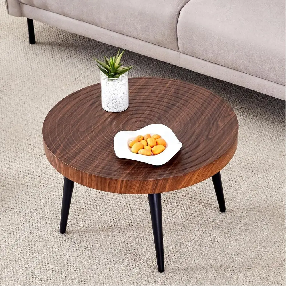 

Rustic Walnut Round Coffee Table with Metal Legs for Living Room or Office