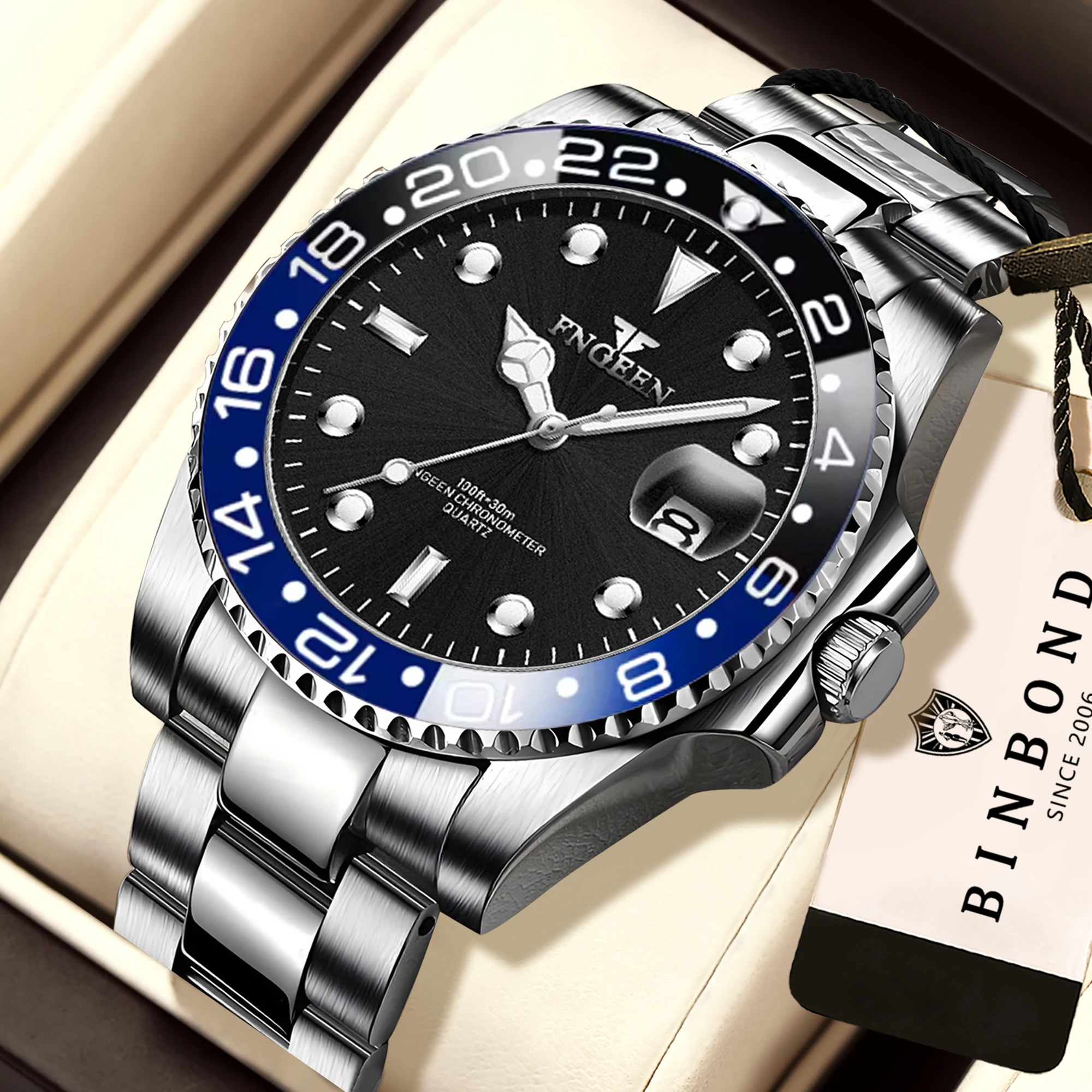 BINBOND Orginal Precise Quartz Wristwatches for Men Luxury Luminous Waterproof Auto Date Men's Watch Stainless Steel Strap Reloj
