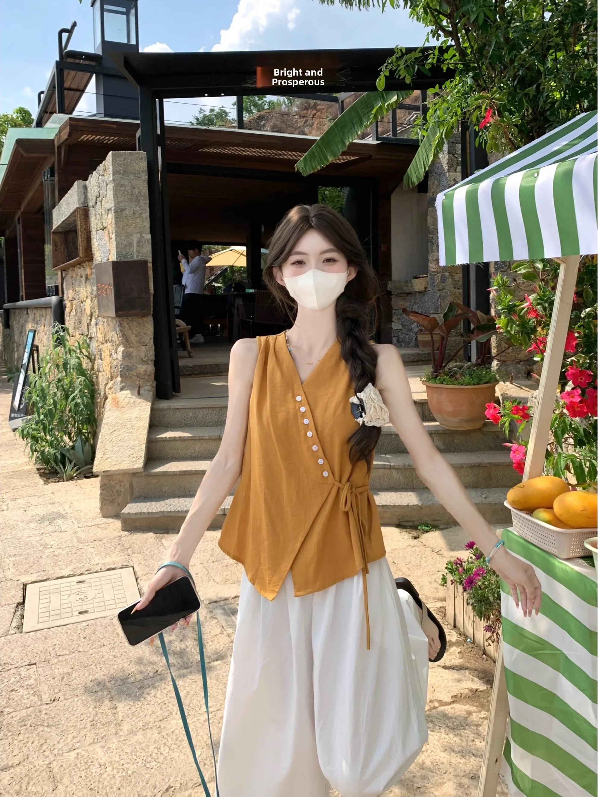 

Korean Style Versatile Slimming Tie Shirt Women Spring New Design V-neck Cross Single Button Trendy Top Straight Cut No-sleeve