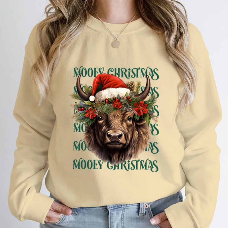 Women Fashion Creative Cow Mooey Christmas Print Pullovers For Women Funny Long Sleeve Christmas Plus Size Hoodeless Sweatshirts