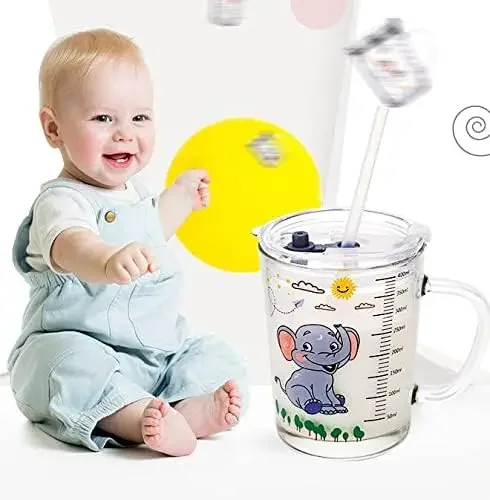 High Quality Kids Straw Cup With Lid And Handle,12oz Cute Glass Tumbler With Scale For Water, Tea, Milk Coffee(elephant)