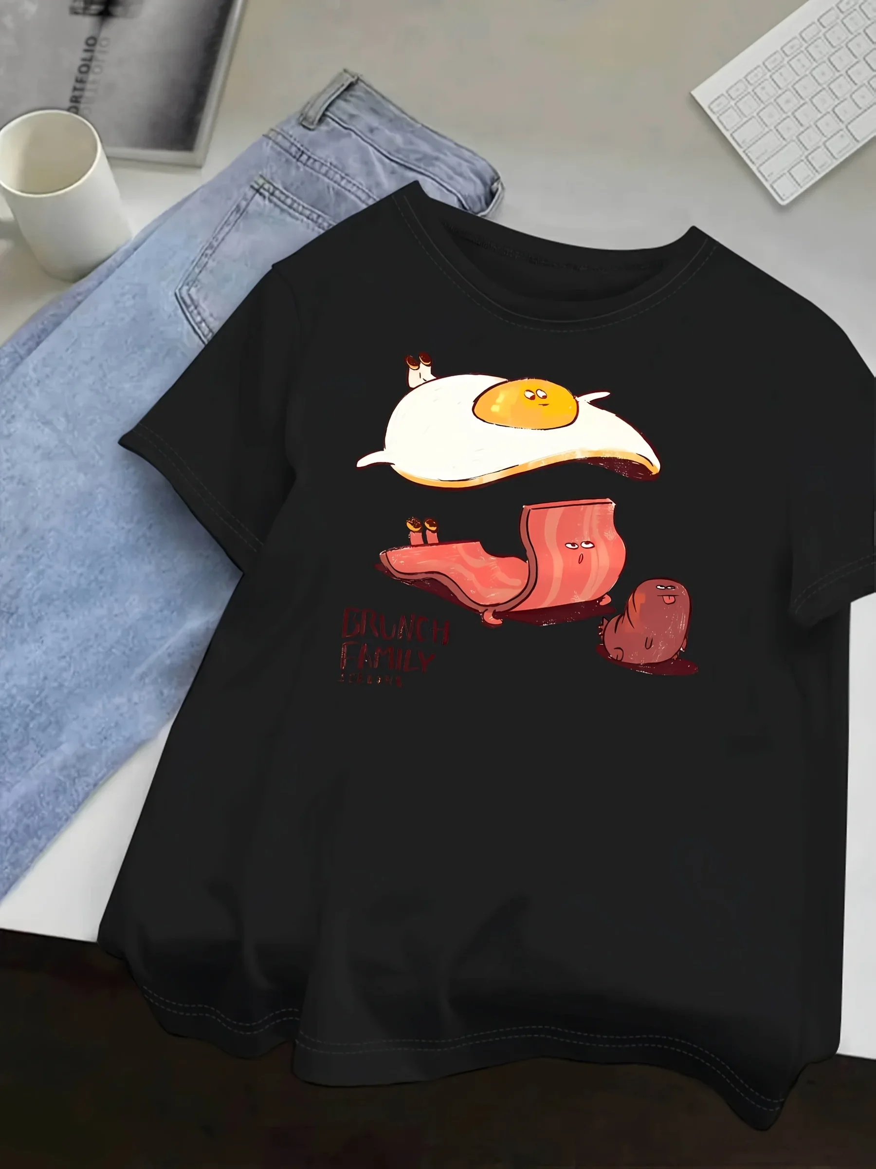 Cartoon Bacon and Fried Egg Pattern Printed Summer Women's T-shirt Top Short Sleeve Round Neck Soft Comfortable Casual Clothing