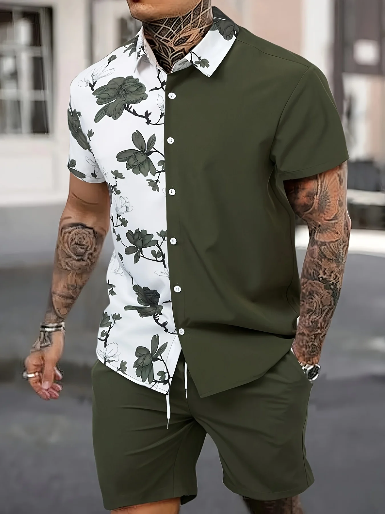 

New Hawaiian Style Men's Short-Sleeved Shirt and Shorts Set Seaside Casual Short-Sleeved Shirt Summer Outdoor Shorts Men's Set