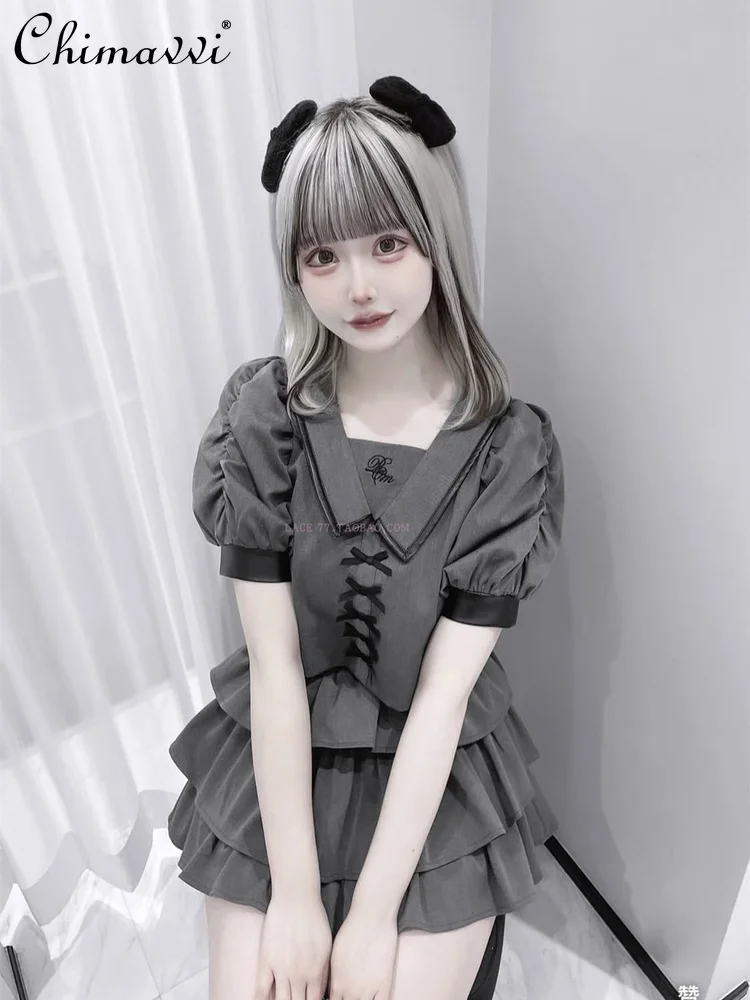 

Оригинальный японский комплект из высококачественной кожи с тяжелой вышивкой, темно-синий топ с воротником + юбка-пачка, комплект из двух предметов в стиле готической девушки в стиле Лолиты