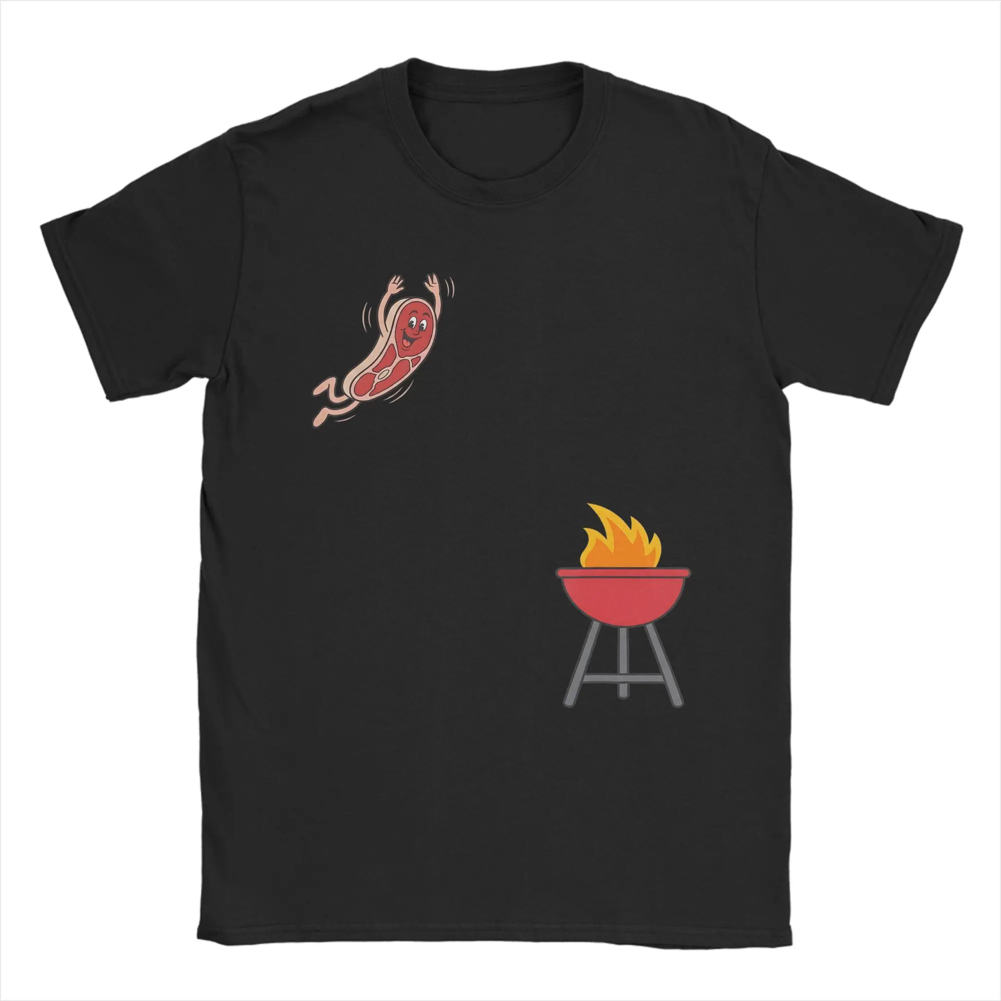 BBQ Steak Meme Cute Meat Jumping Into Grill Men T Shirt  Vintage Tees Short Sleeve O Neck T-Shirts Pure Cotton Summer Clothing