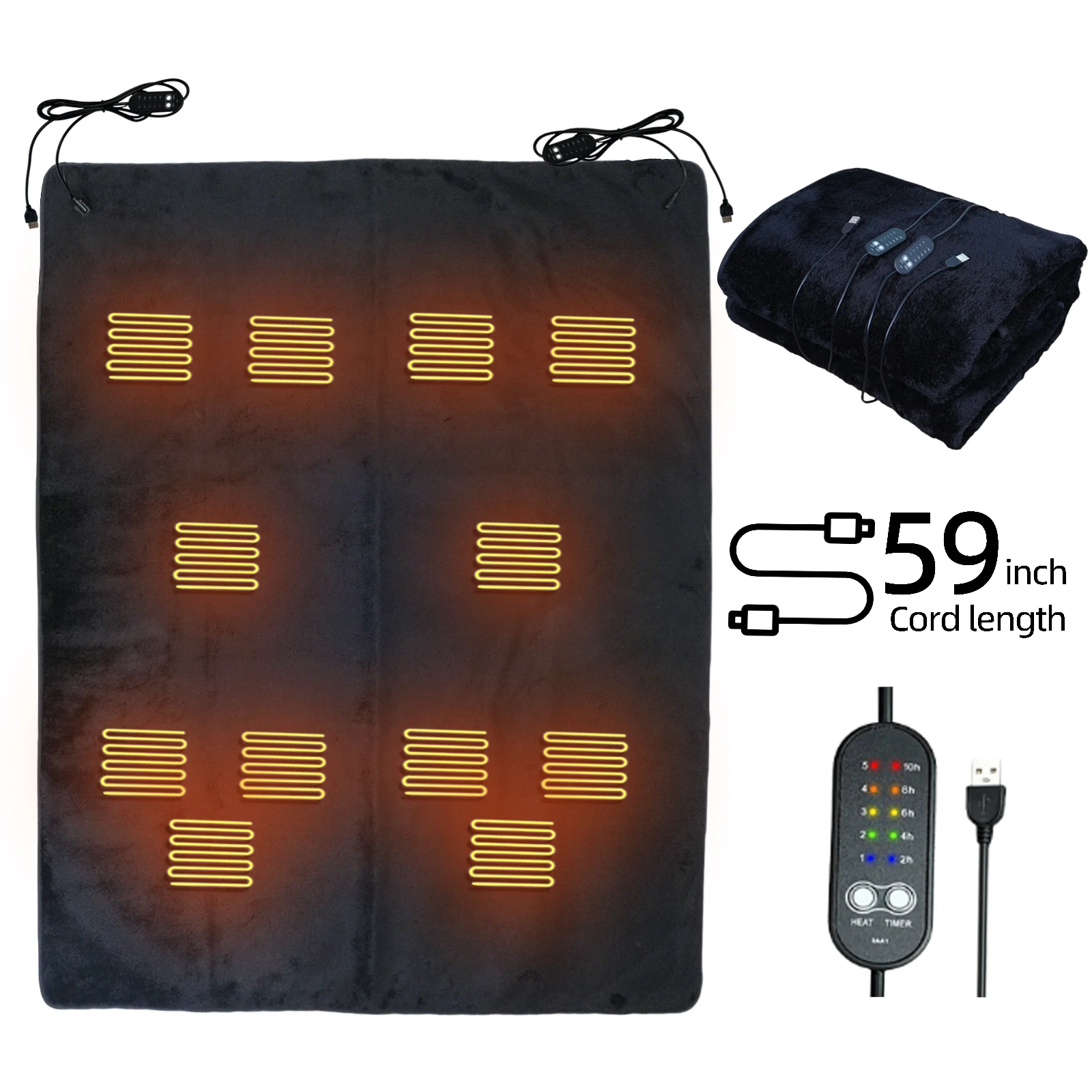 

5V USB Electric Heating Mattress Pad Black Long Plush Heated Camping Sleeping Bag Liner, 5 Adjustable Heating Levels and 5 Timer