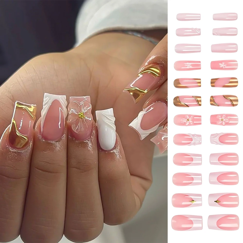 24 pièces 3D or étoile Rivet perles à la main faux ongles français Long cercueil presse sur ongles portable faux ongles conseils bricolage Y2K manucure 1