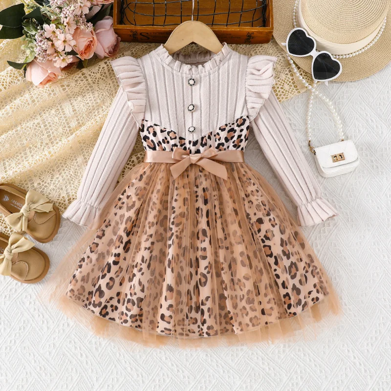 

25New Autumn Outfit for Girls with Ruffled Collar, Leopard Print, Lace Waist-Cinching Dress, Rich Style, Korean Style, Elegant S