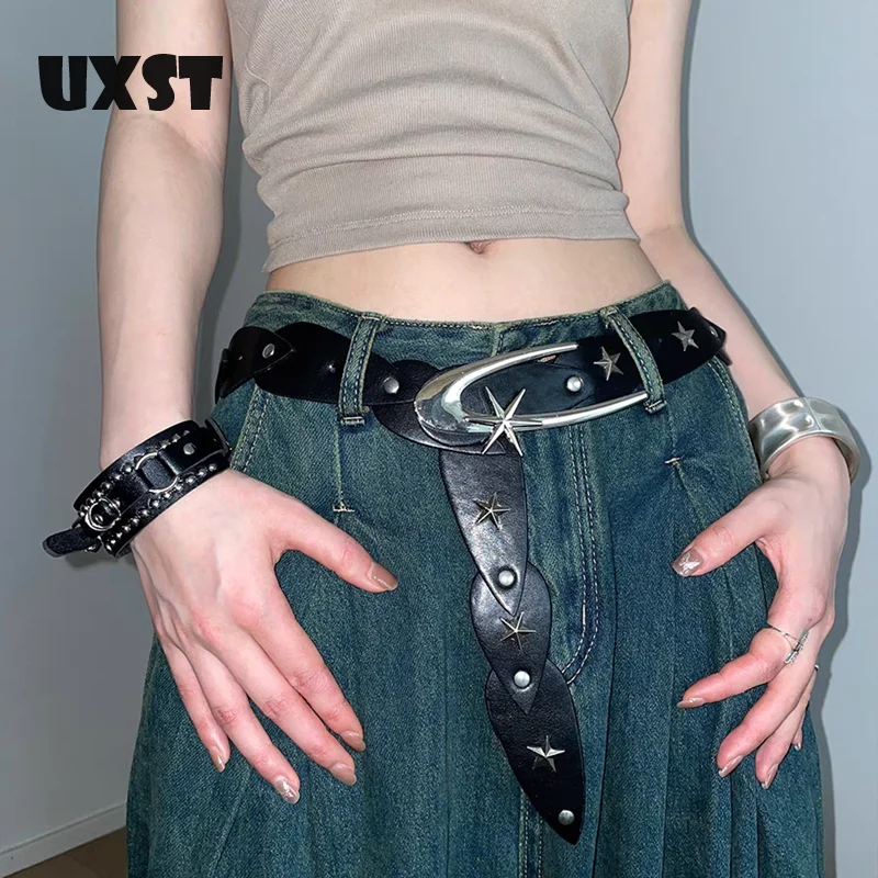 UXST Millennium Spice Girl Retro Circular Rivets Punk Style Belt Flying Patchwork Design Belt Summer 2025 New Belt