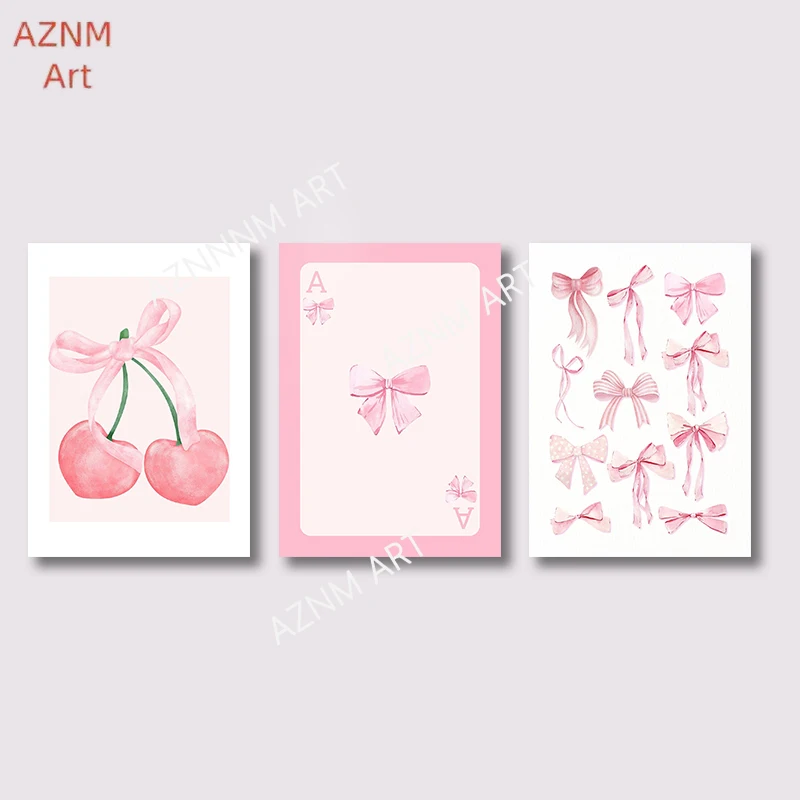 1/3pcs Trendy Pink Bows Poster Wall Art Preppy Posters College Apartment Decor Watercolor Bows Print Room Bedroom Wall Decor