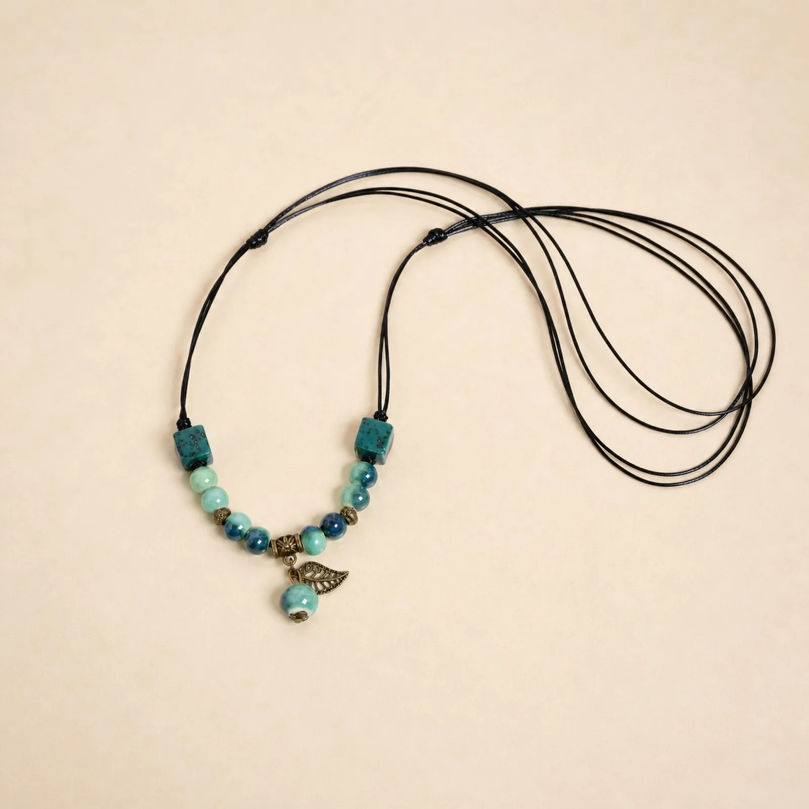 Green Leaf Ceramic Necklace Handmade Adjustable Waxed Cord Handwoven Beaded Artisan Jewelry Accessory Y260713-07