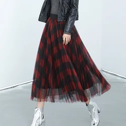 Winter Vintage Plaid Pleated Maxi Long Tulle Skirts Elegant Red Green Check Tartan A-line Ankle Long Mesh Skirts