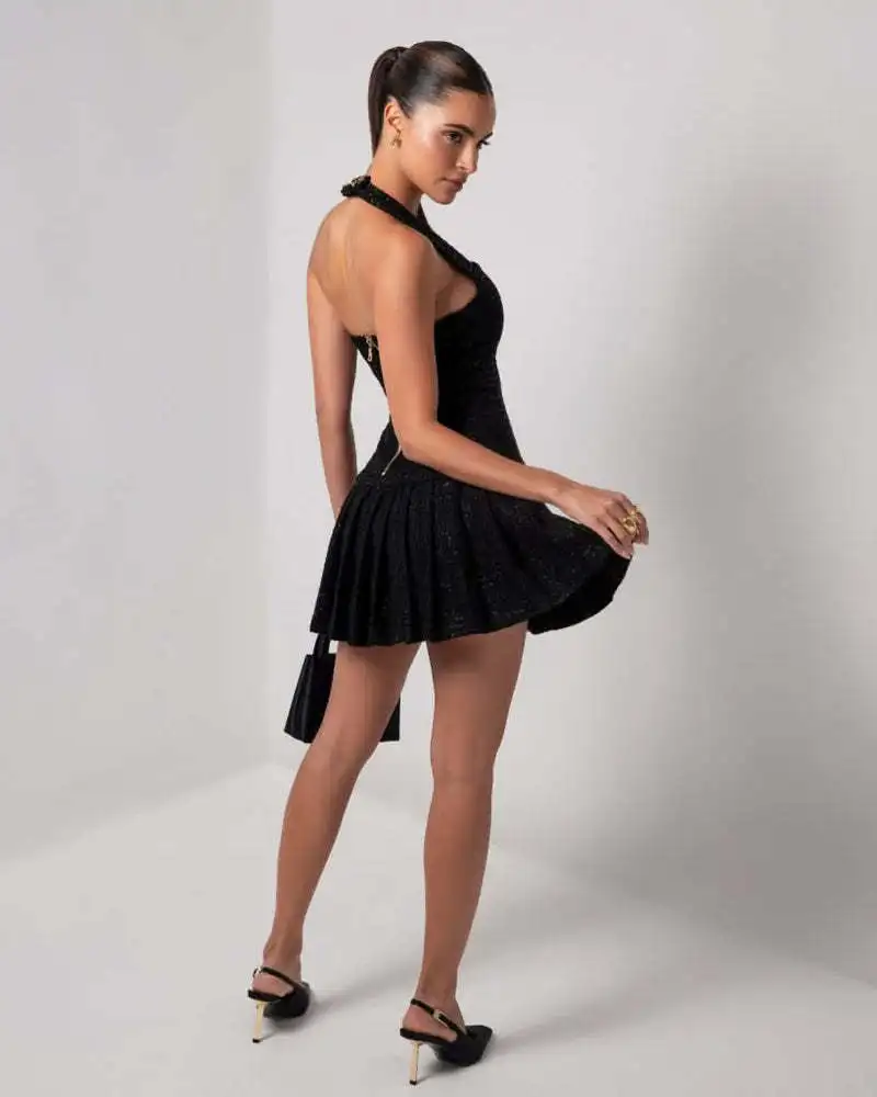 Women's Solid Color Tweed Halter Mini Dress Gold Button Pleated Skirt Back Zipper Gown Elegant Formal Outfit For Parties Proms