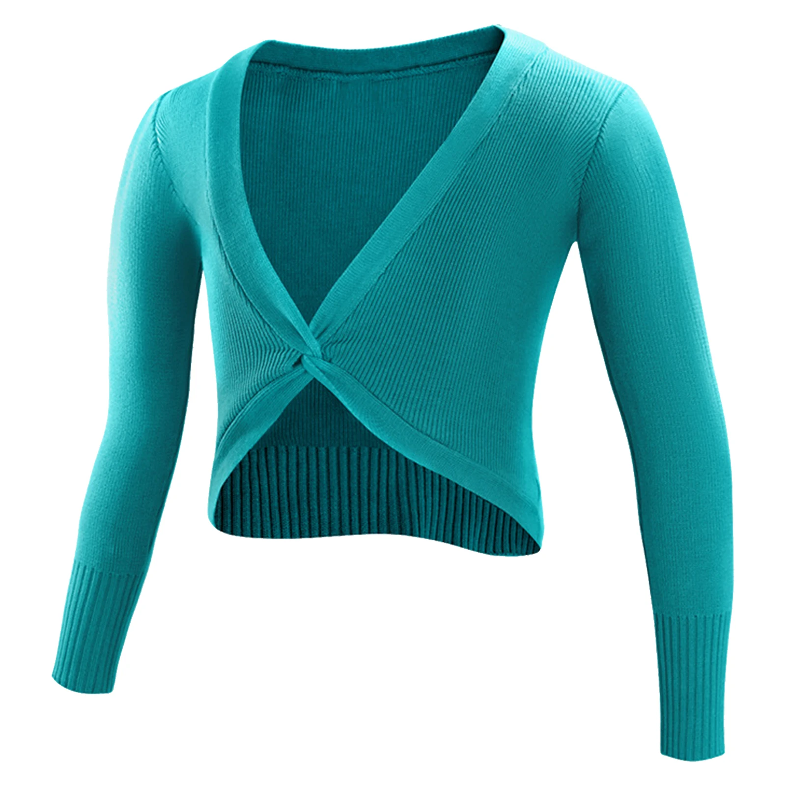 Kids Girls Solid Color Ballet Gymnastics Wrap Tops Long Sleeve Ribbed Trim Twist Knot Pullover Knitted Cardigan Top for Dancing