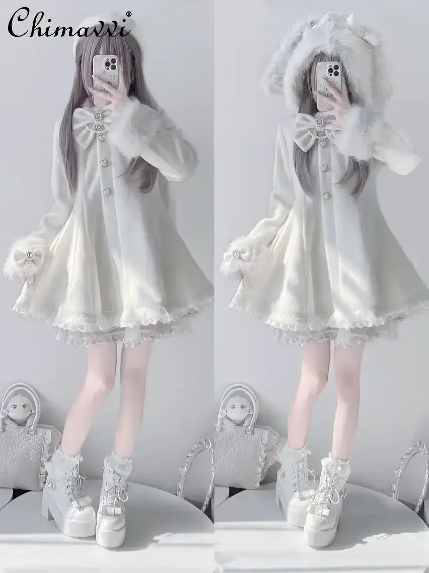 Japanse Mijn-serie In massa geproduceerde pluche oor konijn strik kant wolmix jas winter nieuwe Lolita slim-fit temperament meisjesjas