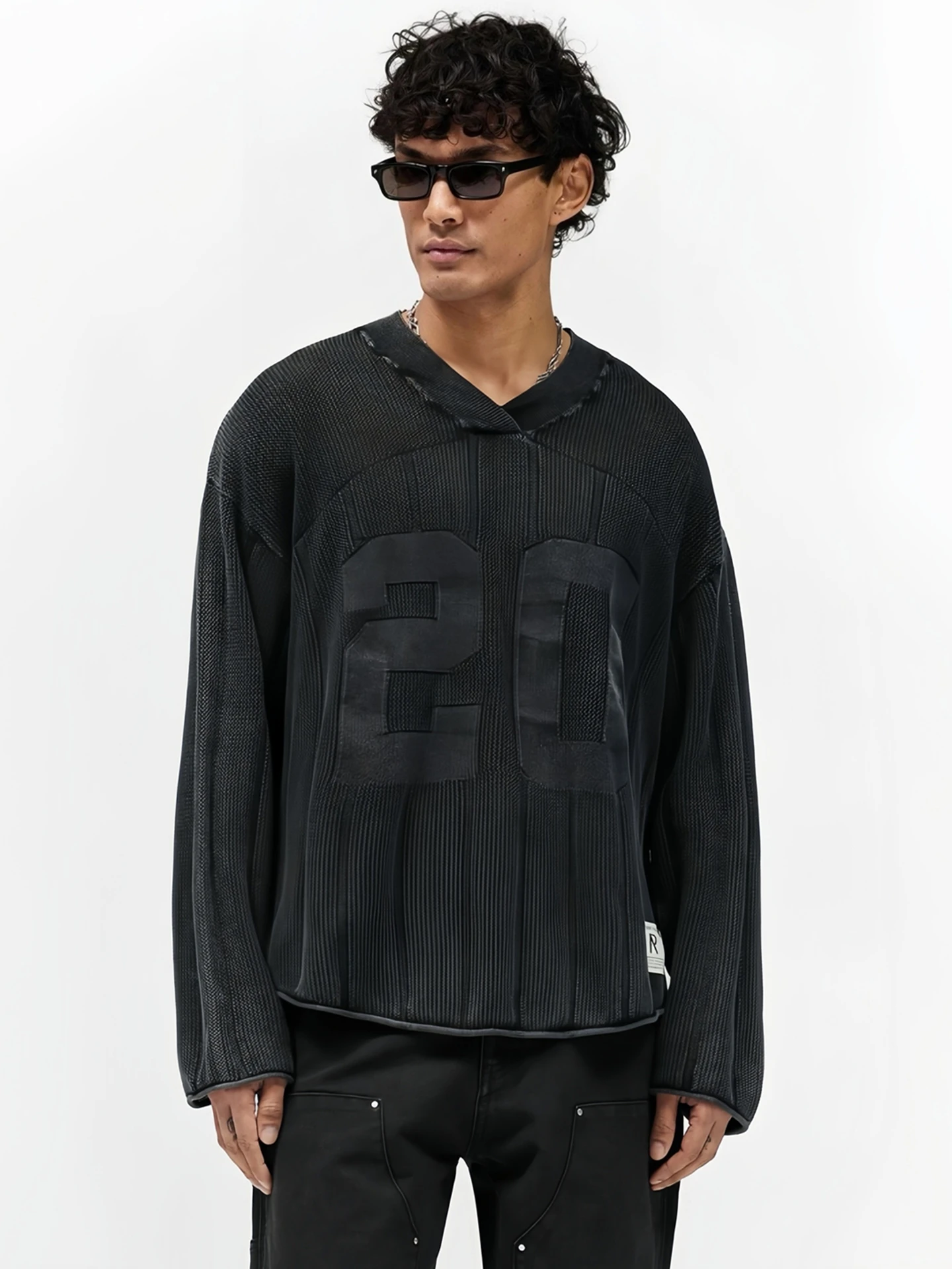Retro American Style Long Sleeve V-Neck Rugby T-Shirt Men Women Knitted Stone Washed Mesh Sporty Casual Cotton Blend Tee