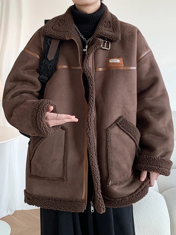 2025 Autumn Winter New American Retro Men's Thickened Fleece Coffee Color White Black Loose Casual Lamb Wool Jacket