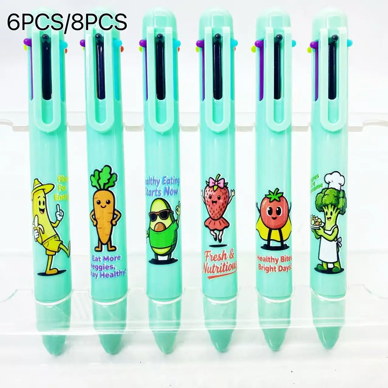 

6PCS/8PCS Green Healthy Vegetarian Theme Multicolor Pens Set Six-In-One Ballpoint Pens Student Writing Markers Ballpoint Pens
