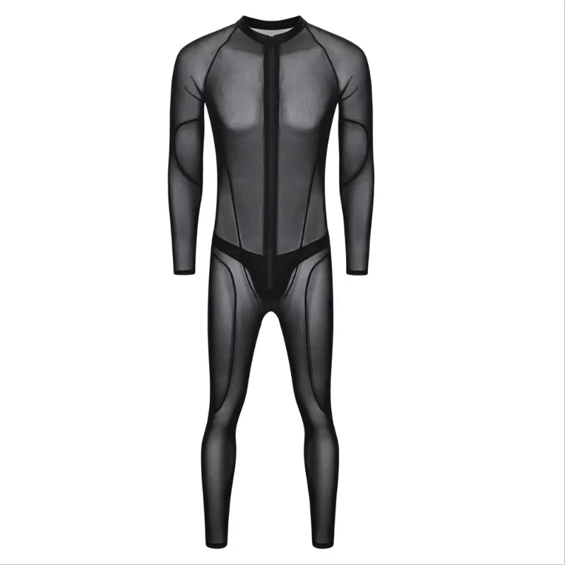 

Black Mesh Transparant Sexy Lange Mouwen Mens Zentai Stretchy Catsuit Bodysuit Night Club Pole Dance Bodycon Jumpsuits