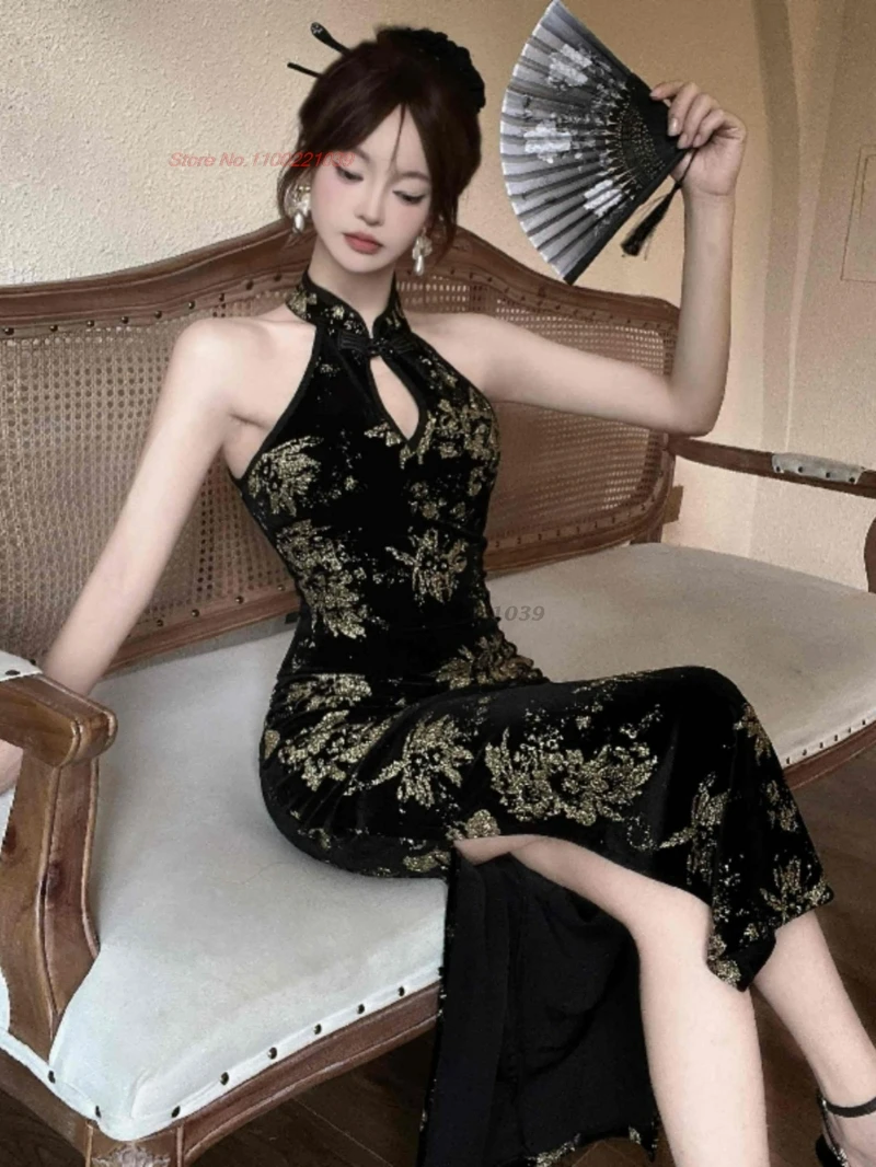 

2025 chinese sexy qipao evening nightclub dress traditional flower print velvet cheongsam banquet dress vintage vestidos dress