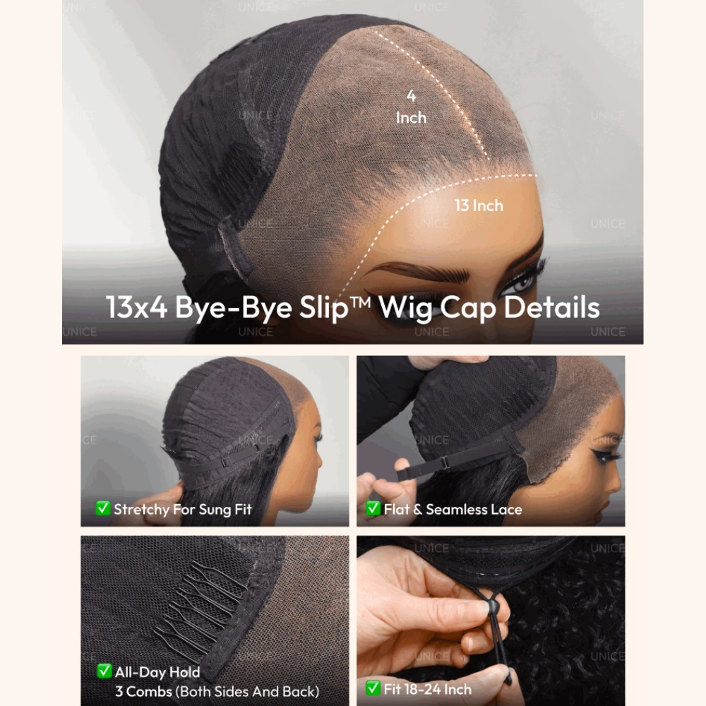 UNice Honey Blonde Highlights Water Wave Wig Side Part 13x4 Bye Bye Slip™ Lace Frontal Human Hair Wigs 150% Density
