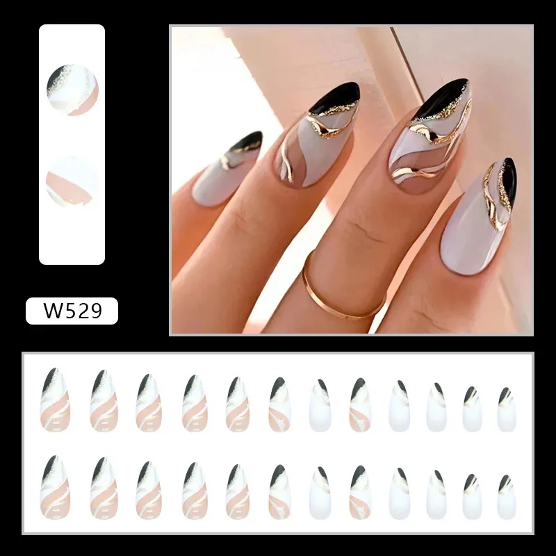 Handmade Press on Nails 24pc Almond Head Black and White False Nails Art Full Coverage Waterproof Removable Artificial Fake Nail