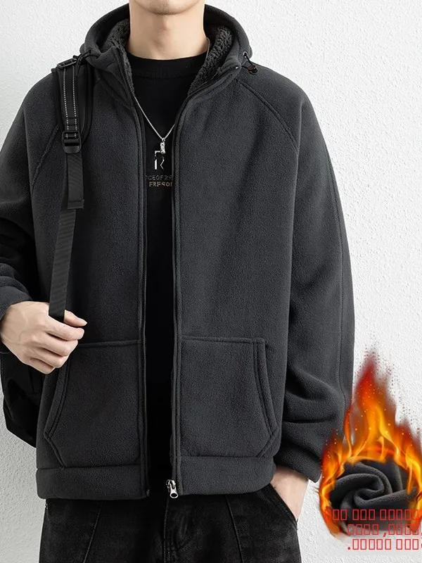 

Thiened Fce Hooded Jaet Men's Autumn Winter Fce Lined Open Cardigan Sweatirt Lamb Velvet Jaet Inner Zipper irt