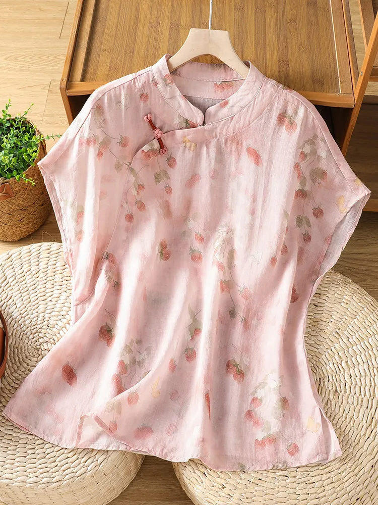 

Korean Japanese High-End Top Women's Summer Large Size Print Commute Simple Button Short Sleeve T-Shirt