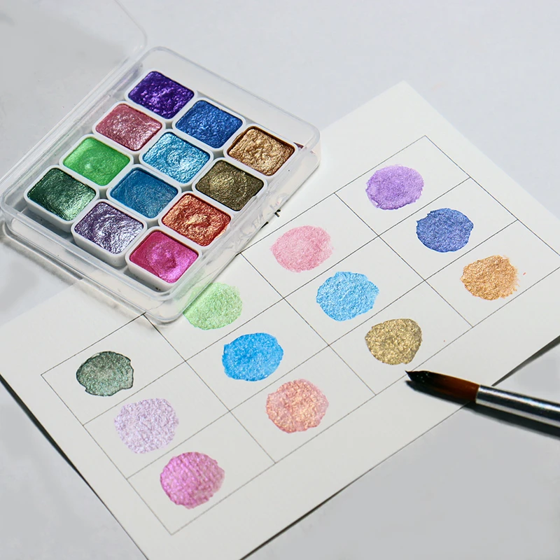 12Colors Pearlescent Watercolor Gold Pigment Gouache Pigment With Flash Solid Watercolor Portable Boxed Art Supplies