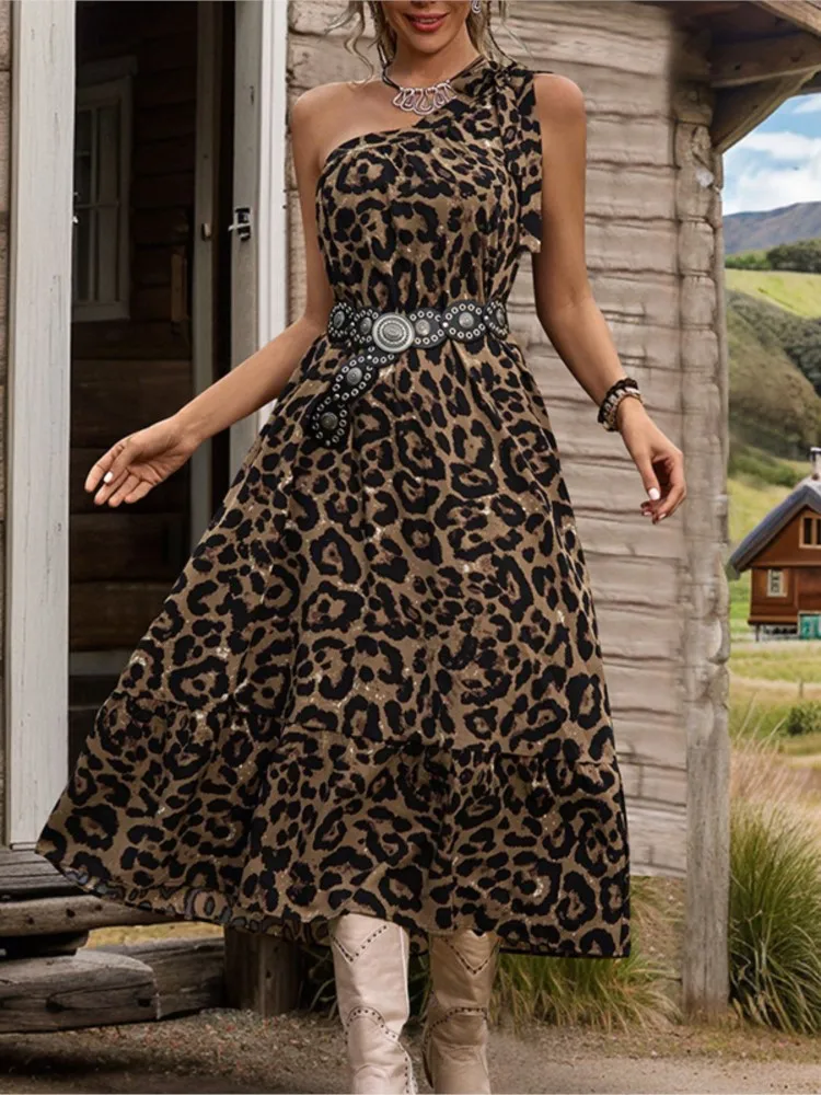 

Leopard Print Off Shoulder Leace-up Long Dresses Women Summer Slant Collar Sleeveless Dress Vintage Sexy Backless Commuting 2025