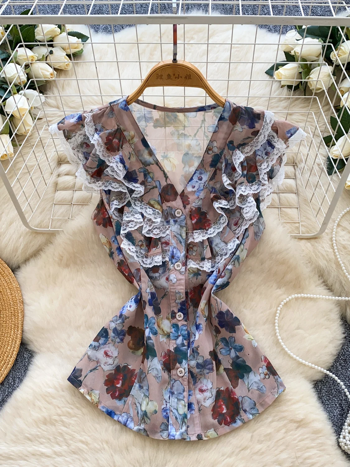 

Ele Lace Trim Blouse Women Summer Design Sense Floral Print Svel V-Ne Loose Fit Korean Sle Commute Faion