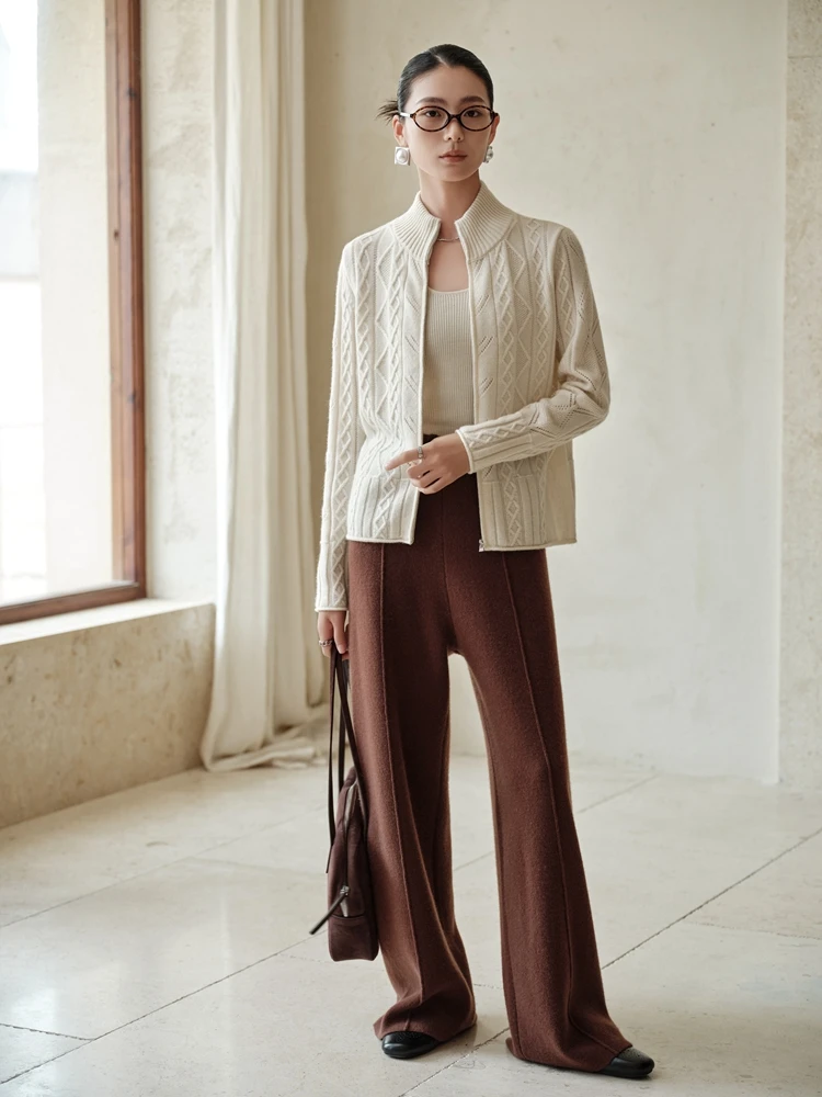 TLOML 우아한 여성용 100% 캐시미어 스웨터 목폴라 케이블 니트 지퍼 가디건 가을 겨울 오피스 레이디 캐시미어 니트웨어 코트