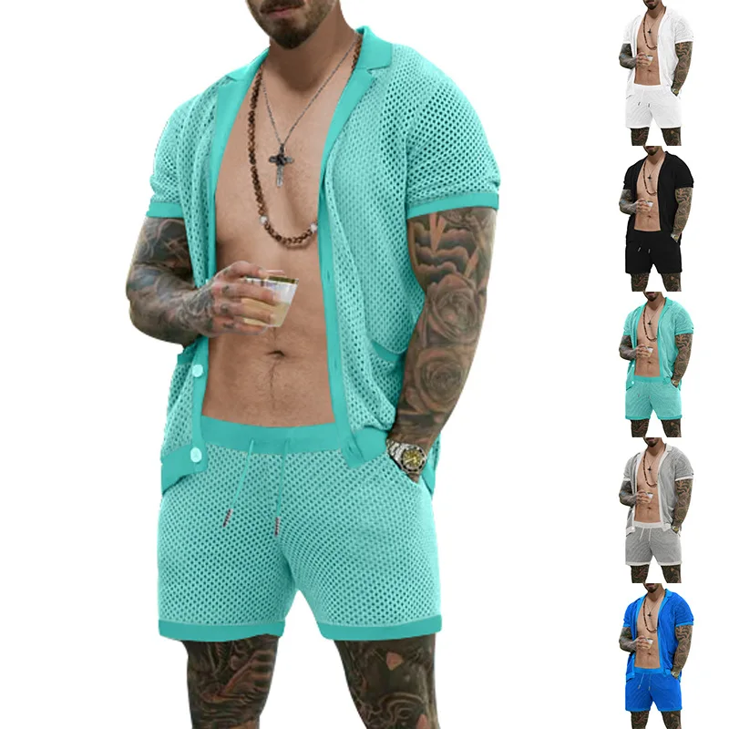 

GELITAYIN Summer Breathable Casual Men's Clothing Hollow Out See-through Cool Thin Short-Sleeved Shorts Two-Piece Set Men's Clot
