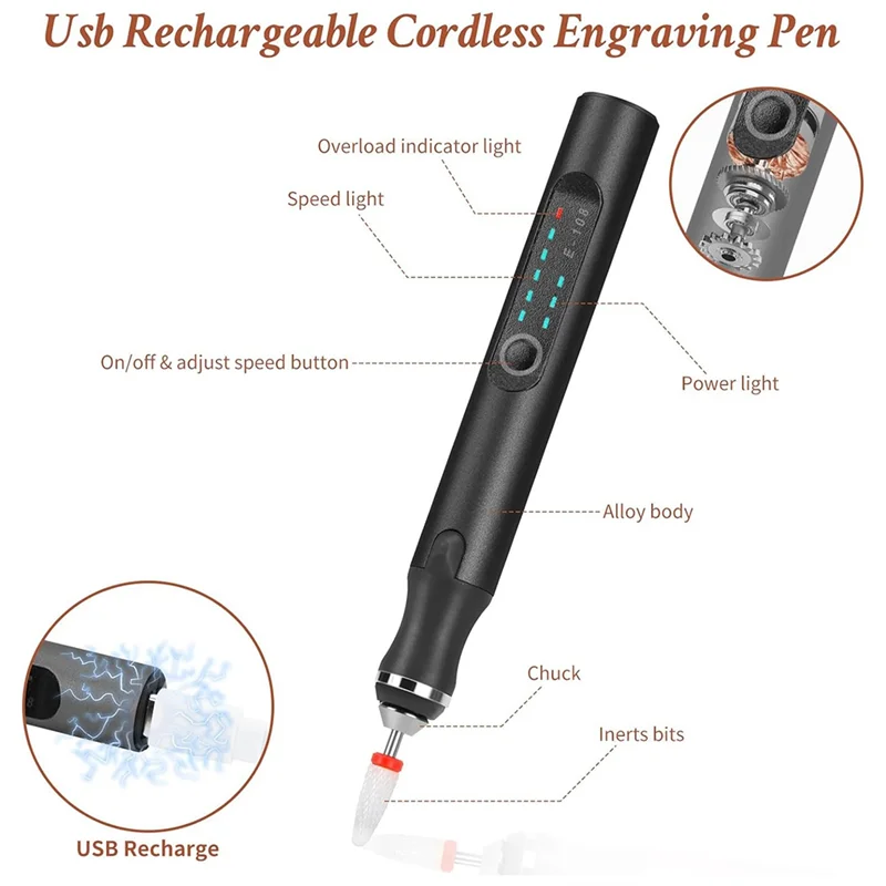 Penna per incisione con 37 bit, strumento per incisione senza fili ricaricabile tramite USB, incisore rotativo portatile fai-da-te - [Qahk]