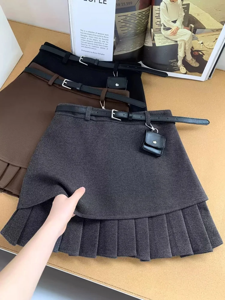 Women Grey Sexy Mini Pleated Skirt With Bag Vintage Harajuku Y2K Gyaru A-Line Mini Skirt High Waist Skirts for Women Summer