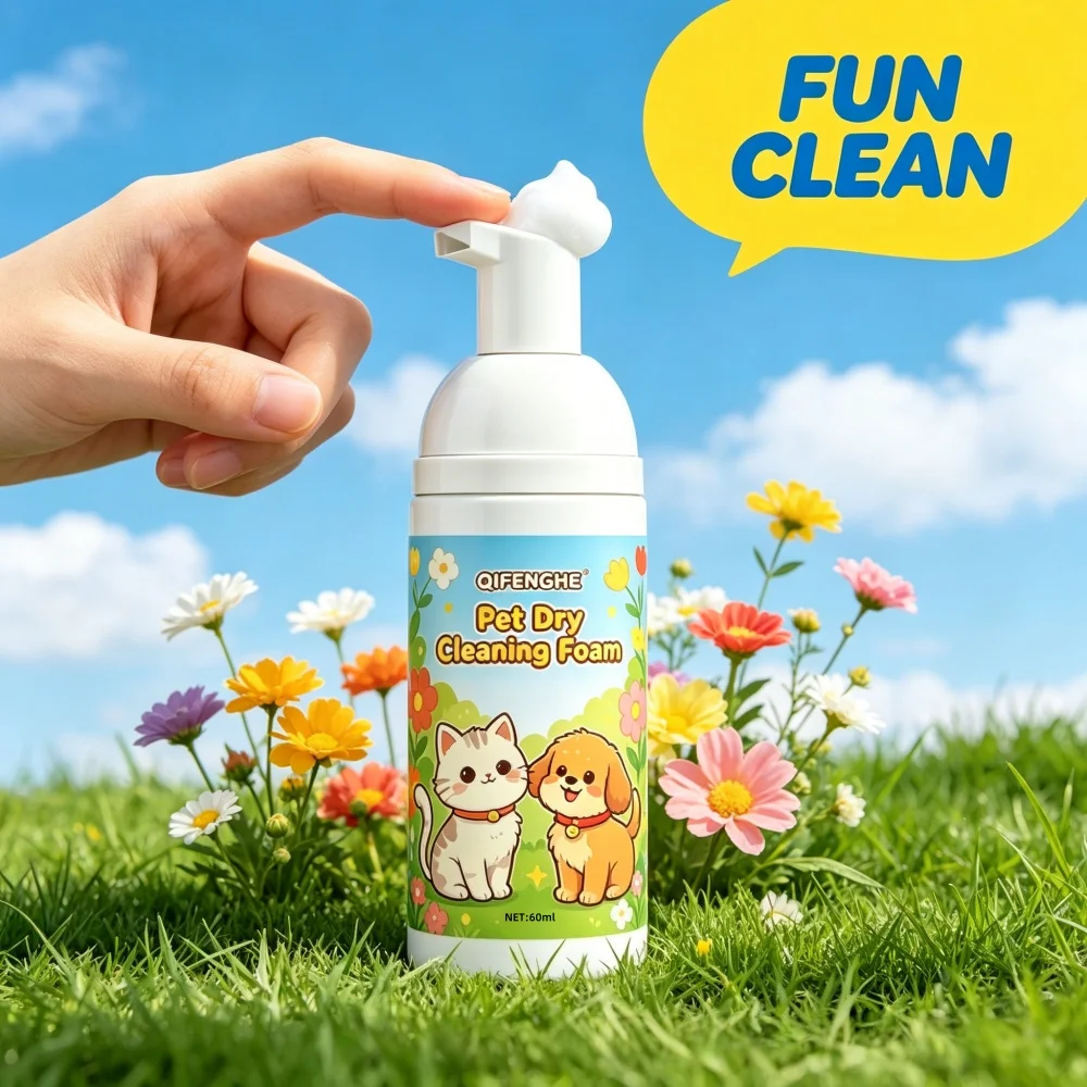 QIFENGHE 60ml Haustier-Trockenreinigungsschaum, Wasserloses Reinigungsshampoo für Katzen & Hunde, Sanfter Dekontaminierender Schaumreiniger für Tierfell