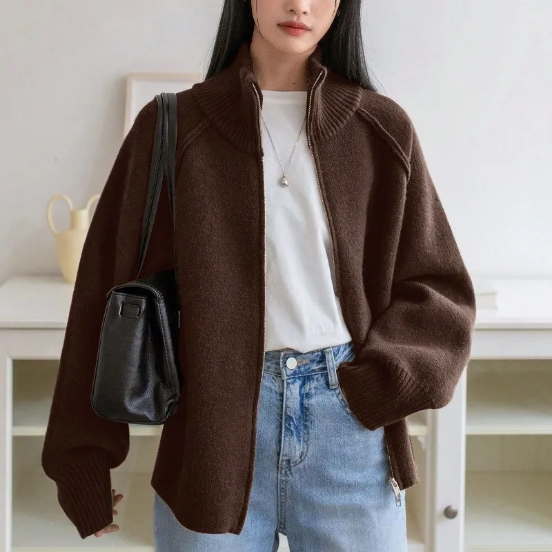 2025 Autumn Elegant Women's Sweaters Stand Collar Thick Warm Solid Winter Cardigans Vintage Korean Fashion Chic Sueter Mujer