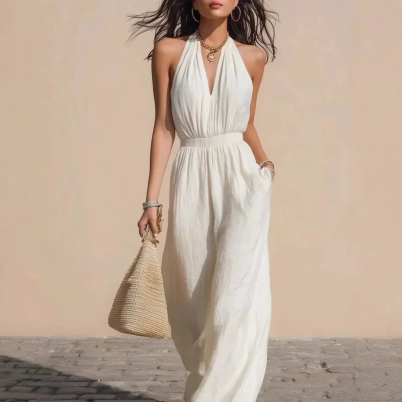 Summer New Casual Wide Leg Romper Women's Solid Halter Neck Backless Jumpsuit Sexy Deep V-Neck Elastic Waist Sleeveless Jumpsuit