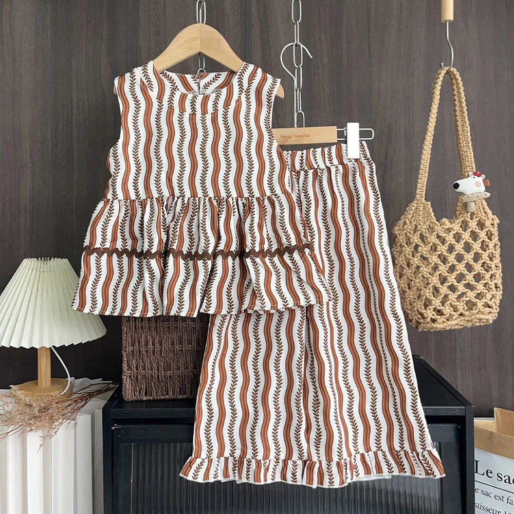 Striped Print Sleeveless 2026 New Kids Clothing Girls Summer Clothes Fashion Color Blocking Top and Bottom Two-piece Set