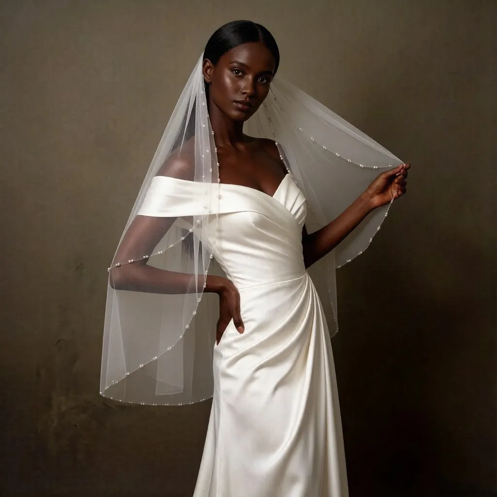 2Layer Elegant Pearl Wedding Veil Beaded Edge Simple Bridal Veil Whit Comb Soft Tulle Blusher Fingertip Hair Accessories G60
