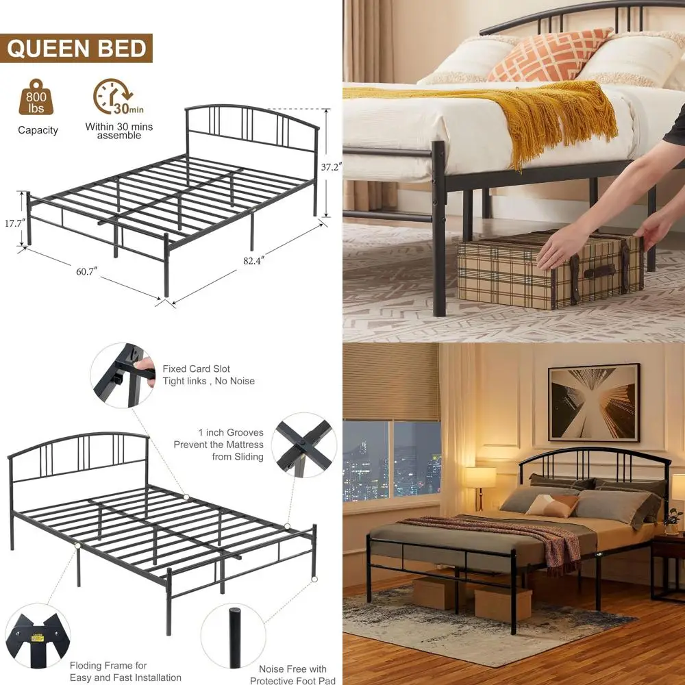

Metal Queen Bed Frame with Headboard, Footboard, and Storage, No Box Spring Needed, Easy Assembly