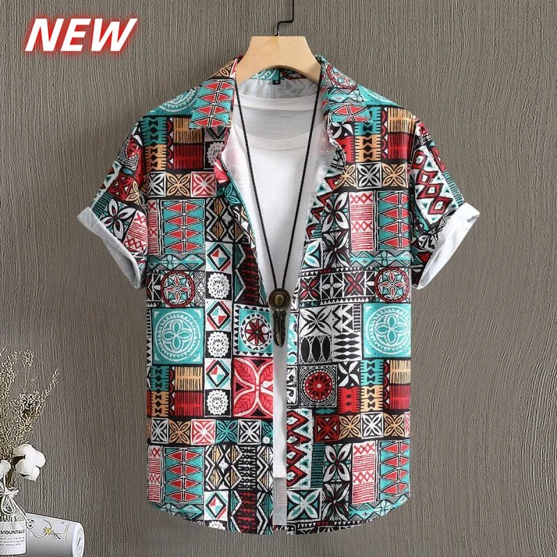 

Retro Ethnic Pattern Hawaiian Shirt For Men Geometric Stripes 3D Print Aloha Shirts Summer Casual Short Sleeve Blouse Lapel Tops